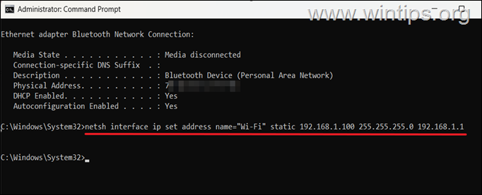 setup static ip address command prompt