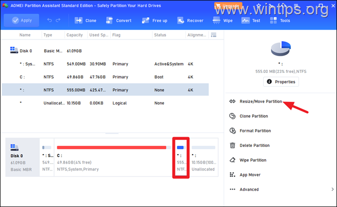 Resize-Move Partition with AOMEI Partition Assistand