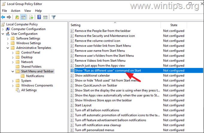 Show "Run as Different User" command in Start using Group Policy Editor.