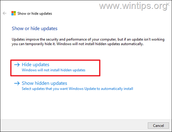 Show or hide updates troubleshooter