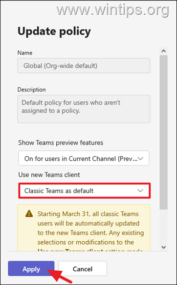 Set Teams Classic as Default in Teams Admin Center.