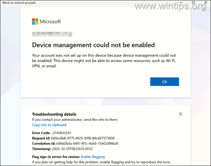 FIX: Device management could not be enabled, error -2145833241, 80192EE7 or 0x80180002 