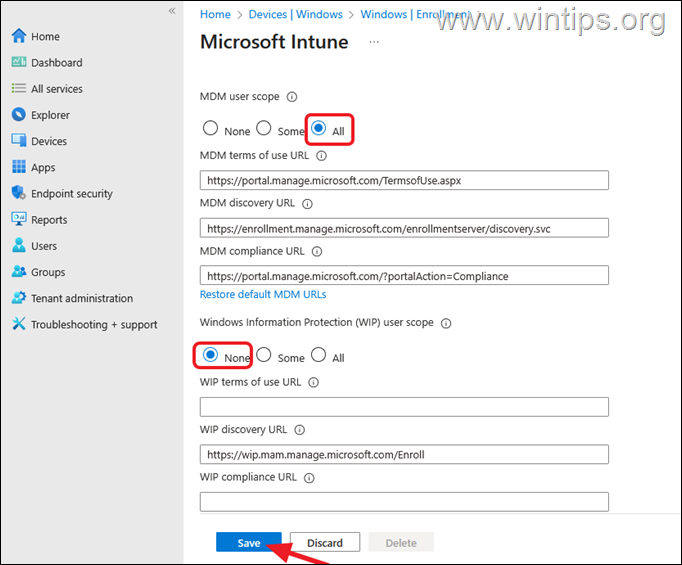 Enable Auto Enrollment and Disable WIP on Microsoft Intune.