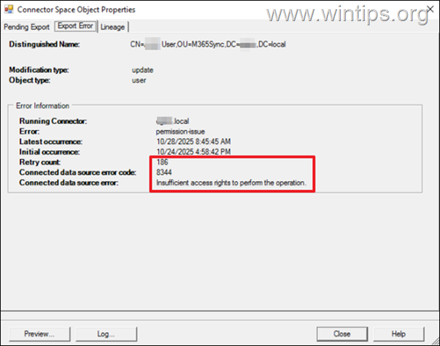 Azure AD Connect - Insufficient access rights to perform the operation