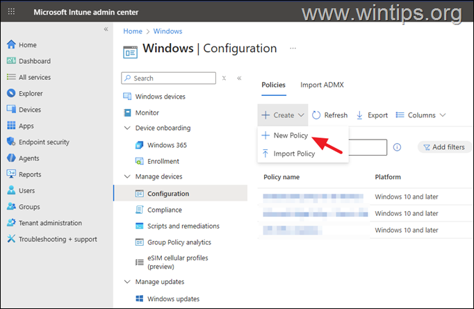 Create New Policy Intune