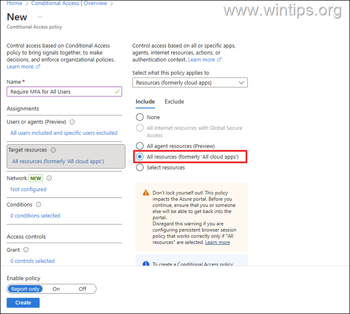 create conditional access policy for MFA