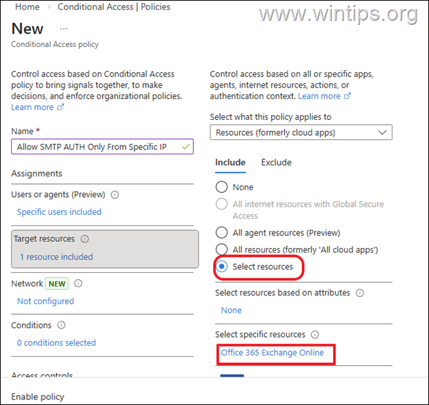 allow smtp auth from one ip only with conditional access policy