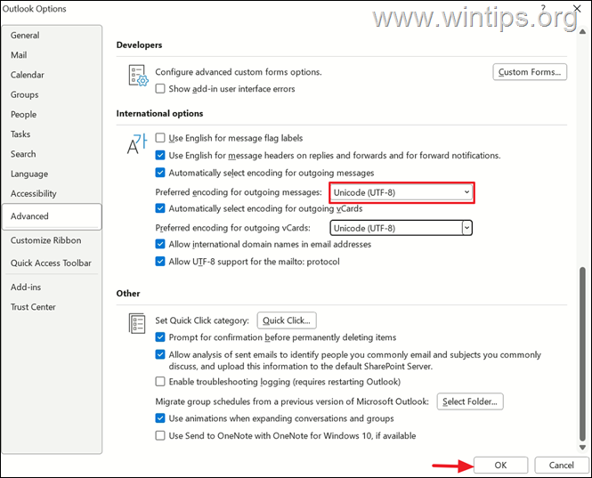 Set Outlook Send items Character Encoding to UTF-8