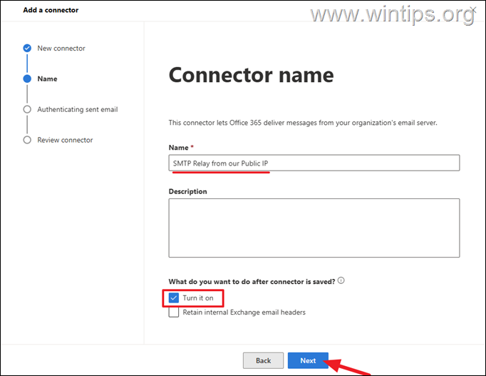 Add SMTP Relay Connector from Public IP Address
