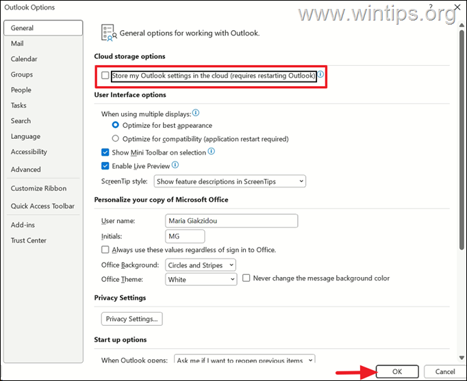 Store my Outlook settings in the cloud (requires restarting Outlook