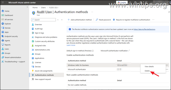 Delete Windows Hello for Busines Authentication - Intune