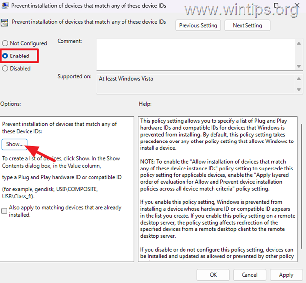 Prevent installation of devices that match any of these device IDs 
