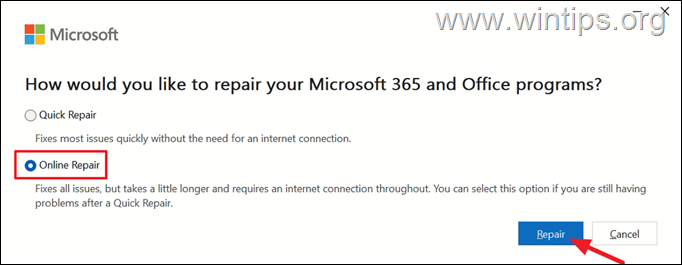 Microsoft Office Apps online Repair