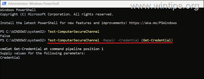 Test-ComputerSecureChannel -Repair -Credential (Get-Credential)