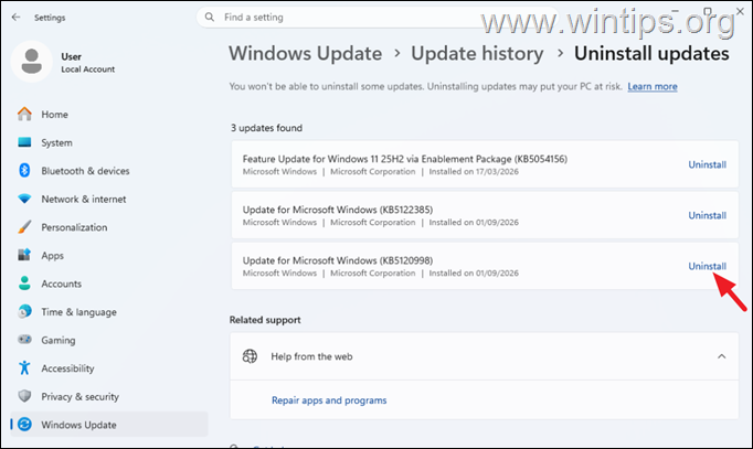 Uninstall KB5120998 Windows 11